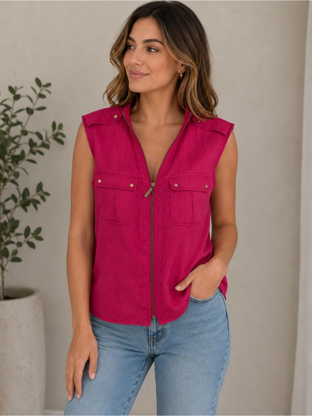 Michael Kors Sleeveless Zip-Front Blouse